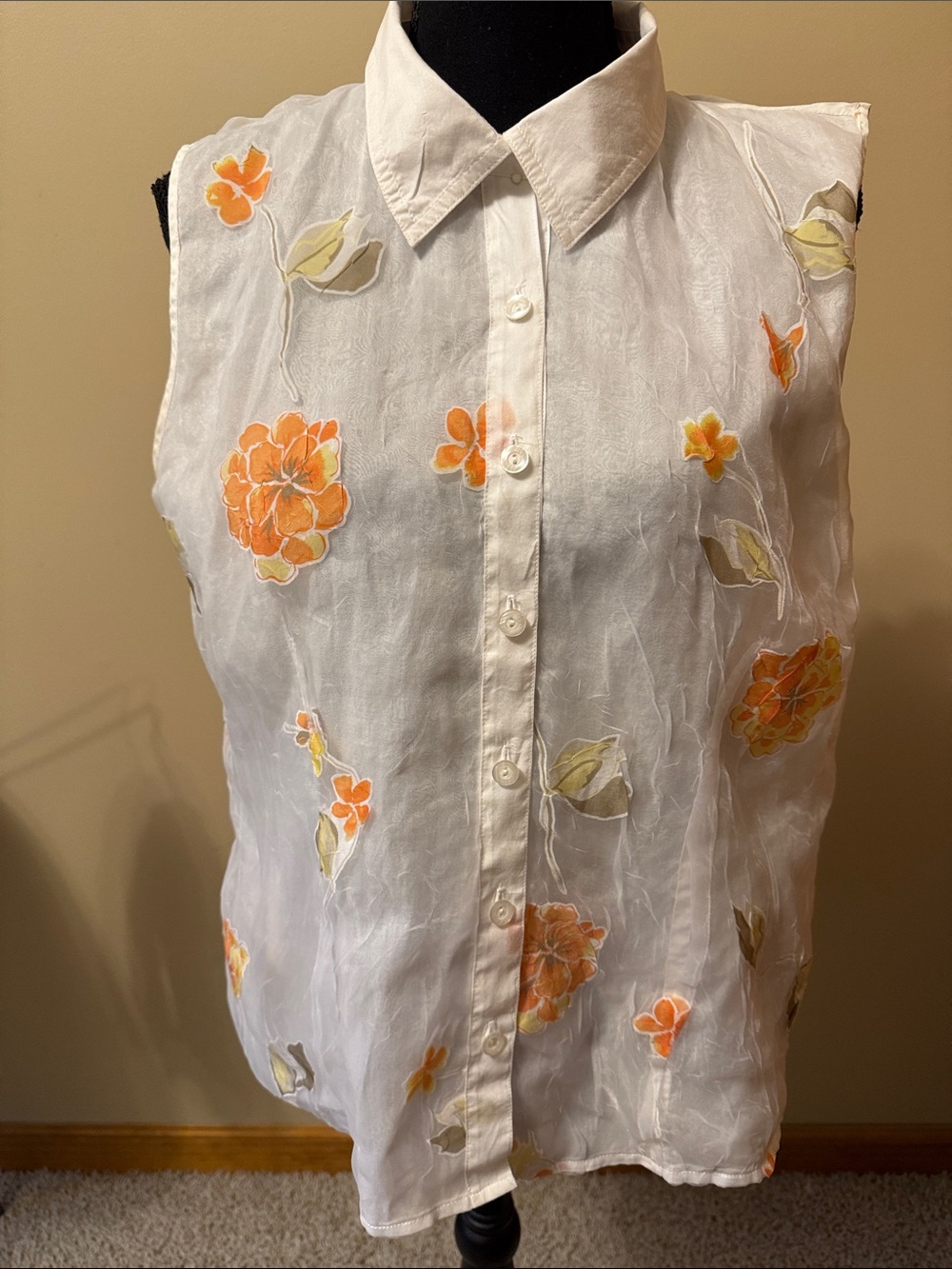 Sleeveless White Floral Button-Up Top - Orange Flower Print